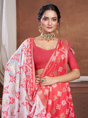 Red & White Chanderi Cotton Saree For Durga Puja
